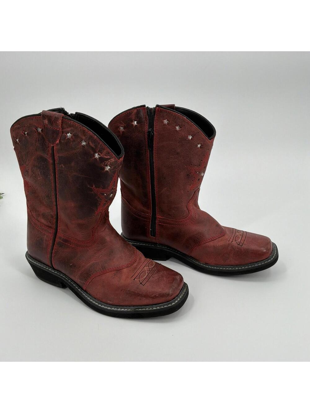Smoky Red Leather Star Cowboy Boots Size 3